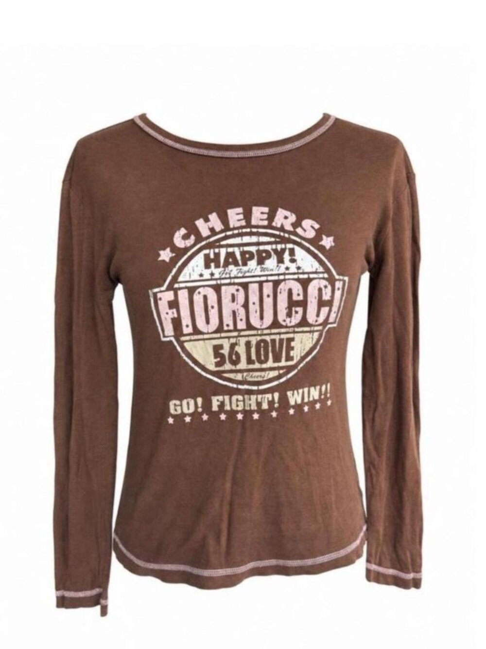 Fiorucci brown long sleeve top with white circular graphic featuring pink text